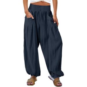 imageCHARTOU Summer Wide Leg Sweatpants Women Palazzo Pants Loose Elastic Waist Lounge Slacks Beach Pants with PocketsDark Blue