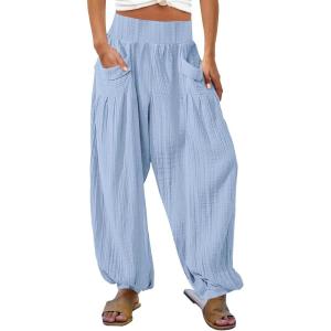 imageCHARTOU Summer Wide Leg Sweatpants Women Palazzo Pants Loose Elastic Waist Lounge Slacks Beach Pants with PocketsLight Blue
