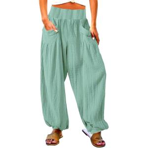 imageCHARTOU Summer Wide Leg Sweatpants Women Palazzo Pants Loose Elastic Waist Lounge Slacks Beach Pants with PocketsLight Green