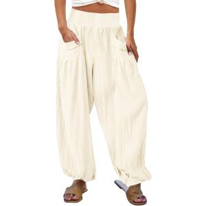 imageCHARTOU Summer Wide Leg Sweatpants Women Palazzo Pants Loose Elastic Waist Lounge Slacks Beach Pants with PocketsLight Yellow