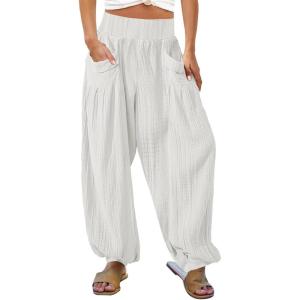 imageCHARTOU Summer Wide Leg Sweatpants Women Palazzo Pants Loose Elastic Waist Lounge Slacks Beach Pants with PocketsWhite