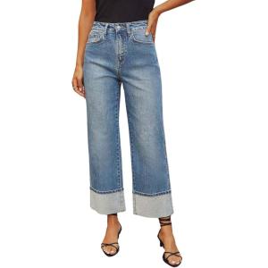 imageCHARTOU Wide Leg Cropped Jeans for Women High Waist Boyfriends Rolled Up Cuffed Denim PantsDark Blue