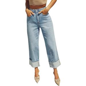 imageCHARTOU Wide Leg Cropped Jeans for Women High Waist Boyfriends Rolled Up Cuffed Denim PantsLight Blue