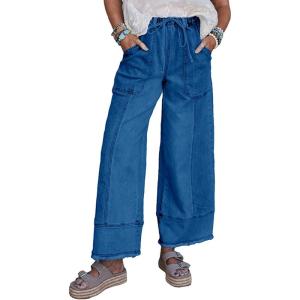 imageCHARTOU Women Barrel Wide Leg Jeans Baggy Drawstring Elastic Waist Denim Pants Distressed Cuffed SweatpantsBlue