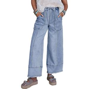 imageCHARTOU Women Barrel Wide Leg Jeans Baggy Drawstring Elastic Waist Denim Pants Distressed Cuffed SweatpantsLight Blue