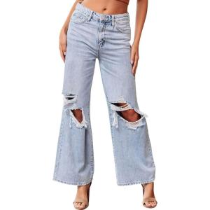 imageCHARTOU Women Casual Ripped Jeans Distressed Wide Leg Flared Jeans with Holes Destroyed Denim PantsLight Blue
