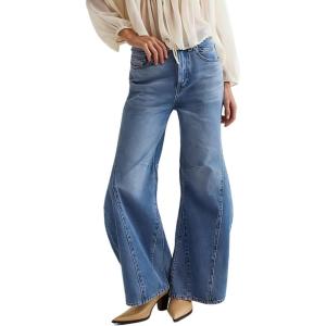 imageCHARTOU Women Denim Wide Leg Jeans Loose Baggy High Waist Patchwork Barrel Flared Long PantsDark Blue