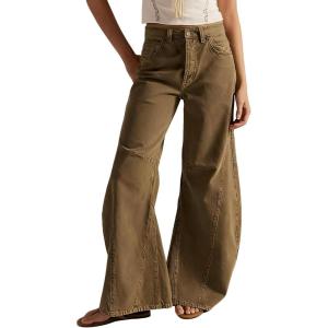 imageCHARTOU Women Denim Wide Leg Jeans Loose Baggy High Waist Patchwork Barrel Flared Long PantsKhaki