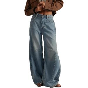imageCHARTOU Women Denim Wide Leg Jeans Loose Baggy High Waist Patchwork Barrel Flared Long PantsLight Blue