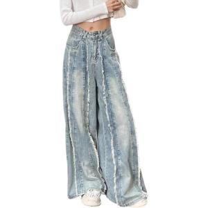 imageCHARTOU Women Frayed Denim Wide Leg Pants Casual Loose Patchwork Mid Rise Flared Straight Baggy JeansLight Blue