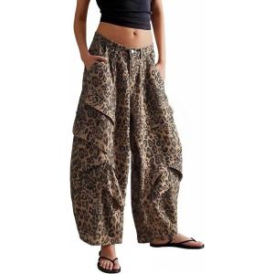 imageCHARTOU Women Leopard Barrel Denim Pants Baggy Wide Leg Cargo Jeans Casual Denim JeansLeopard