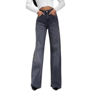imageCHARTOU Women Leopard Straight Long Denim Pants High Waist Wide Leg Baggy Jeans with PocketsGrey