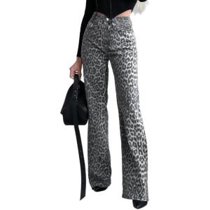 imageCHARTOU Women Leopard Straight Long Denim Pants High Waist Wide Leg Baggy Jeans with PocketsLeopard