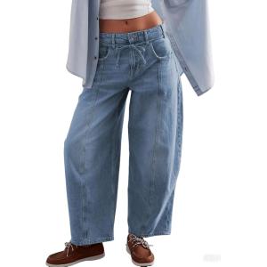 imageCHARTOU Women Mid Waist Drawstring Barrel Jeans Baggy Denim Jeans Wide Leg Distressed Patchwork Harem PantsBlue