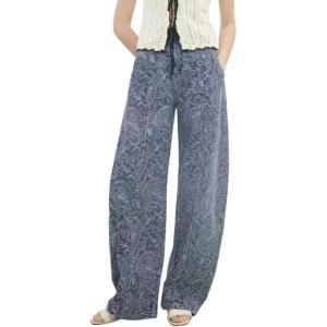 imageCHARTOU Womens Baggy Barrel Wide Leg Jeans Chic Floral Print Y2k Denim Pants Patchwork Jean SweatpantsBlue