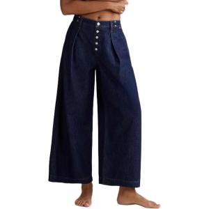 imageCHARTOU Womens Button Up Baggy Jeans Casual Straight Wide Leg Denim Pants Pleated High Rise Cropped JeansDark Blue