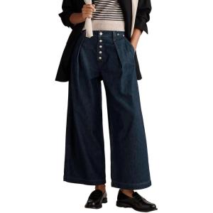 imageCHARTOU Womens Button Up Baggy Jeans Casual Straight Wide Leg Denim Pants Pleated High Rise Cropped JeansRetro Blue
