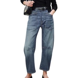 imageCHARTOU Womens Cropped Mid Rise Barrel Jeans Pants Baggy Horseshoe Boyfriend Denim Pants Cargo Y2k JeansBlue