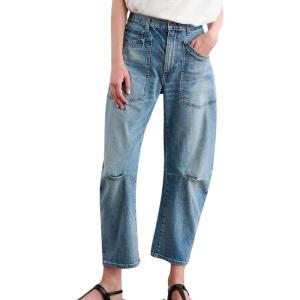 imageCHARTOU Womens Cropped Mid Rise Barrel Jeans Pants Baggy Horseshoe Boyfriend Denim Pants Cargo Y2k JeansLight Blue