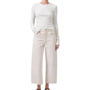 imageCHARTOU Womens Trendy Baggy Cropped Frayed Straight Wide Leg Jeans Denim Pants with PocketsBeige