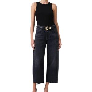 imageCHARTOU Womens Trendy Baggy Cropped Frayed Straight Wide Leg Jeans Denim Pants with PocketsBlack