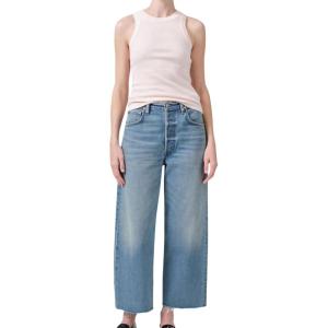 imageCHARTOU Womens Trendy Baggy Cropped Frayed Straight Wide Leg Jeans Denim Pants with PocketsBlue