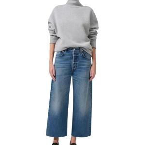 imageCHARTOU Womens Trendy Baggy Cropped Frayed Straight Wide Leg Jeans Denim Pants with PocketsDark Blue