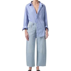 imageCHARTOU Womens Trendy Baggy Cropped Frayed Straight Wide Leg Jeans Denim Pants with PocketsLight Blue