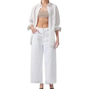 imageCHARTOU Womens Trendy Baggy Cropped Frayed Straight Wide Leg Jeans Denim Pants with PocketsWhite