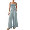 imageCHARTOU Women Jean Jumpsuit Sets Smocked Tubes Tie Knot Spaghetti Strap Denim Romper Overalls Baggy PantsLight Blue