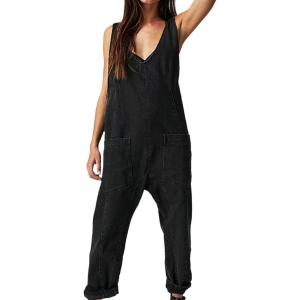 imageCHARTOU Loose Denim Jumpsuit for Women Casual Jean Overalls Baggy Cargo Jumpsuit Sleeveless Bib Overalls PocketsBlack