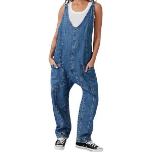imageCHARTOU Loose Denim Jumpsuit for Women Casual Jean Overalls Baggy Cargo Jumpsuit Sleeveless Bib Overalls PocketsDark Blue