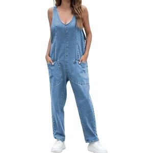 imageCHARTOU Loose Denim Jumpsuit for Women Casual Jean Overalls Baggy Cargo Jumpsuit Sleeveless Bib Overalls PocketsLight Blue