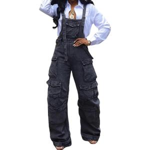 imageCHARTOU Women Denim Bib Overall Cargo Jean Jumpsuit Baggy Utility Romper Loose Fit Suspender Overalls PocketsBlack