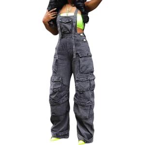 imageCHARTOU Women Denim Bib Overall Cargo Jean Jumpsuit Baggy Utility Romper Loose Fit Suspender Overalls PocketsGrey