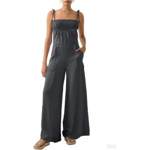 imageCHARTOU Women Jean Jumpsuit Sets Smocked Tubes Tie Knot Spaghetti Strap Denim Romper Overalls Baggy PantsDark Grey