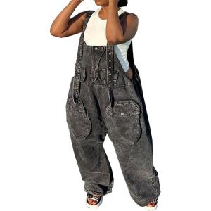 imageCHARTOU Women Loose Denim Overalls Jean Jumpsuit Suspender Straps Bib Overall Utility Romper Cargo Jumpsuit PocketsGrey
