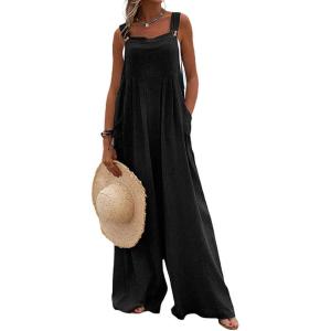 imageCHARTOU Womens Jumpsuits Loose Casual Sleeveless Wide Leg Long Pants Rompers Overalls with PocketsBlack