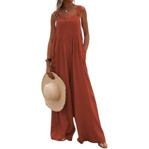 imageCHARTOU Womens Jumpsuits Loose Casual Sleeveless Wide Leg Long Pants Rompers Overalls with PocketsBrick Red