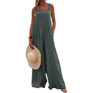 imageCHARTOU Womens Jumpsuits Loose Casual Sleeveless Wide Leg Long Pants Rompers Overalls with PocketsGreen