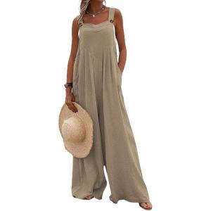 imageCHARTOU Womens Jumpsuits Loose Casual Sleeveless Wide Leg Long Pants Rompers Overalls with PocketsKhaki
