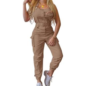 imageCHARTOU Womens Relaxed Fit Strappy Sleeveless Jumpsuit Bib Overalls Dungarees with BeltKhaki