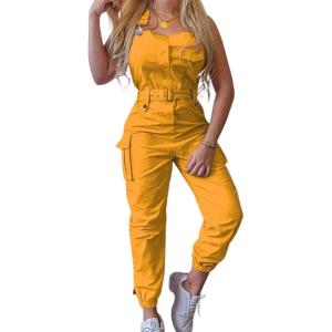 imageCHARTOU Womens Relaxed Fit Strappy Sleeveless Jumpsuit Bib Overalls Dungarees with BeltYellow