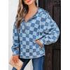 imageCHARTOU Women Plaid Denim Hoodies Pullover Oversized Jean Jacket Checker Half Zip Shirt Tops with DrawstringBlue