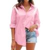 imageCHARTOU Womens Boyfriend Style Button Down Long Sleeve Candy Color Blouse Shirt TopsPink