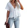 imageCHARTOU Womens Chic Summer V Neck Tie Knot Crop Top Short Sleeve Ruffle Blouse ShirtWhite