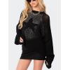 imageCHARTOU Womens Sexy Hollow Out Knit Pullover Tops Crew Neck Crochet Long Sleeve Sweater Loose Tee ShirtsBlack