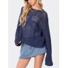 imageCHARTOU Womens Sexy Hollow Out Knit Pullover Tops Crew Neck Crochet Long Sleeve Sweater Loose Tee ShirtsNavy Blue