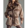 imageCHARTOU Womens Thicken Shearling Coat Winter Patchwork PU Leather Belted Stand Collar Sherpa Shirt JacketsBrown