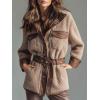imageCHARTOU Womens Thicken Shearling Coat Winter Patchwork PU Leather Belted Stand Collar Sherpa Shirt JacketsBrown